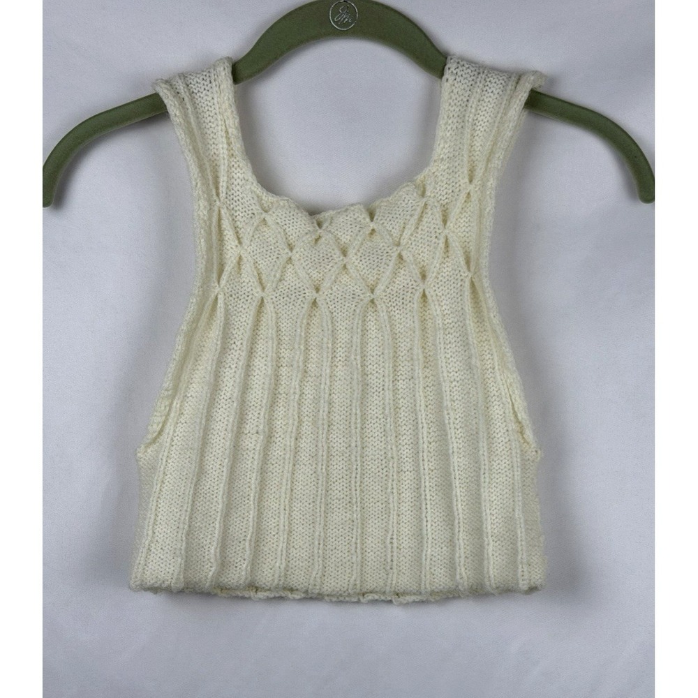 Vtg 70s Knit Crop Tank XXS Cream Smocked Diamond Ribbed Boho Festival Handmade